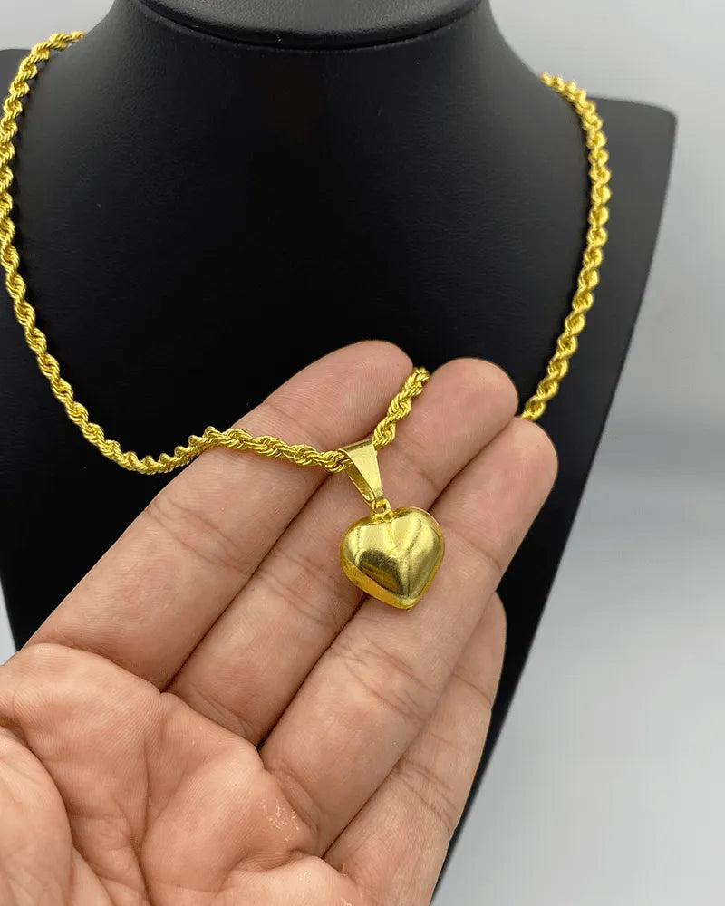 CORRENTE ELO BAIANO 4MM (45cm) + PINGENTE CORAÇÃO BOLEADO PEQUENO