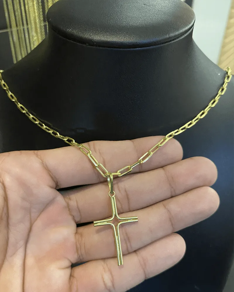 CORRENTE TIJOLINHO DE QUINA 2MM + PINGENTE CRUZ FINA DUPLA