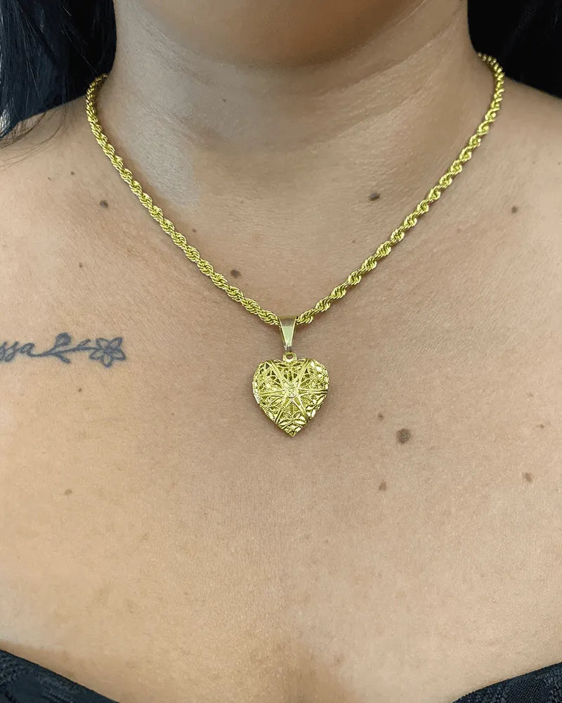 CORRENTE ELO BAIANO 4MM (45cm) + PINGENTE CORAÇÃO RELICÁRIO MÉDIO