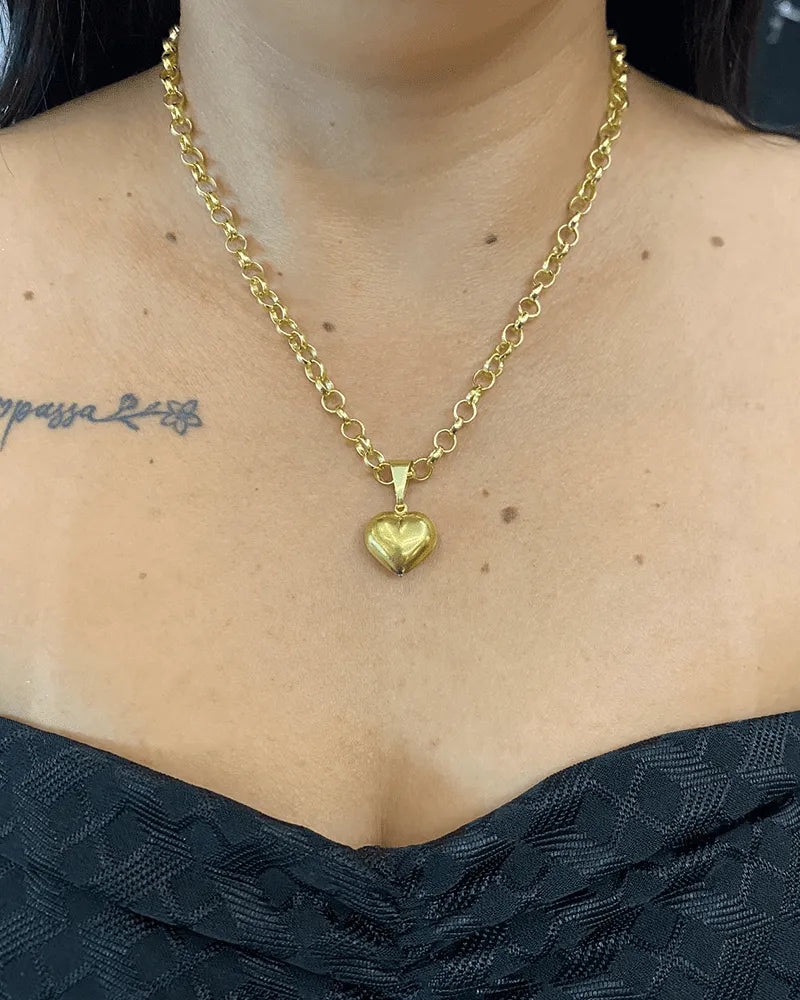 CORRENTE ELO PORTUGUÊS 4MM (45cm) + PINGENTE CORAÇÃO BOLEADO P