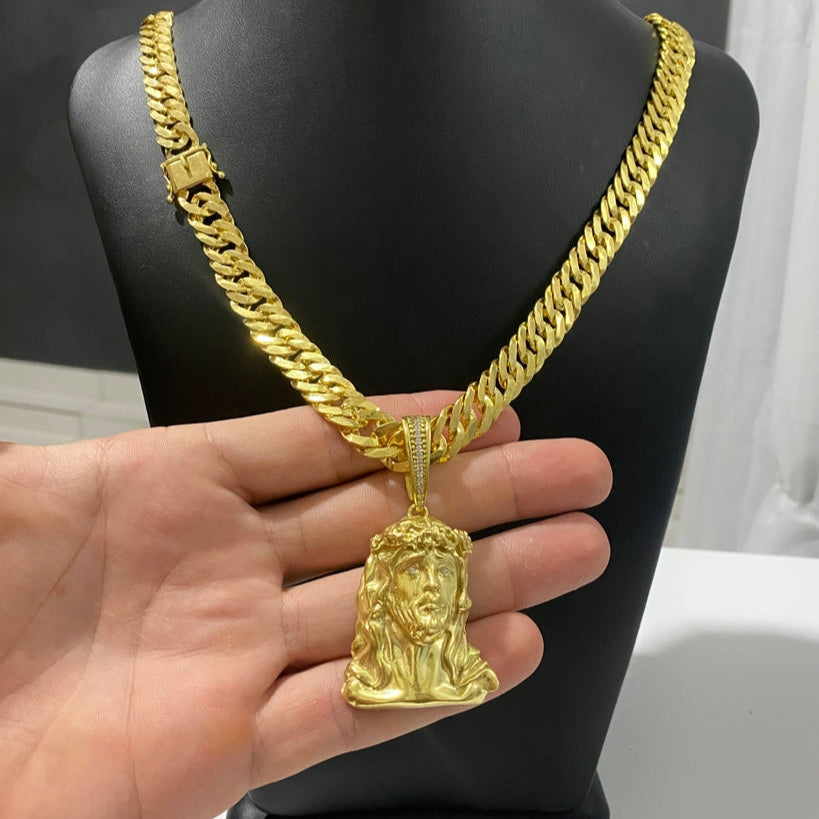 CORRENTE GRUMET LAMINADA 12MM + PINGENTE ROSTO DE CRISTO CRAVEJADO GRANDE