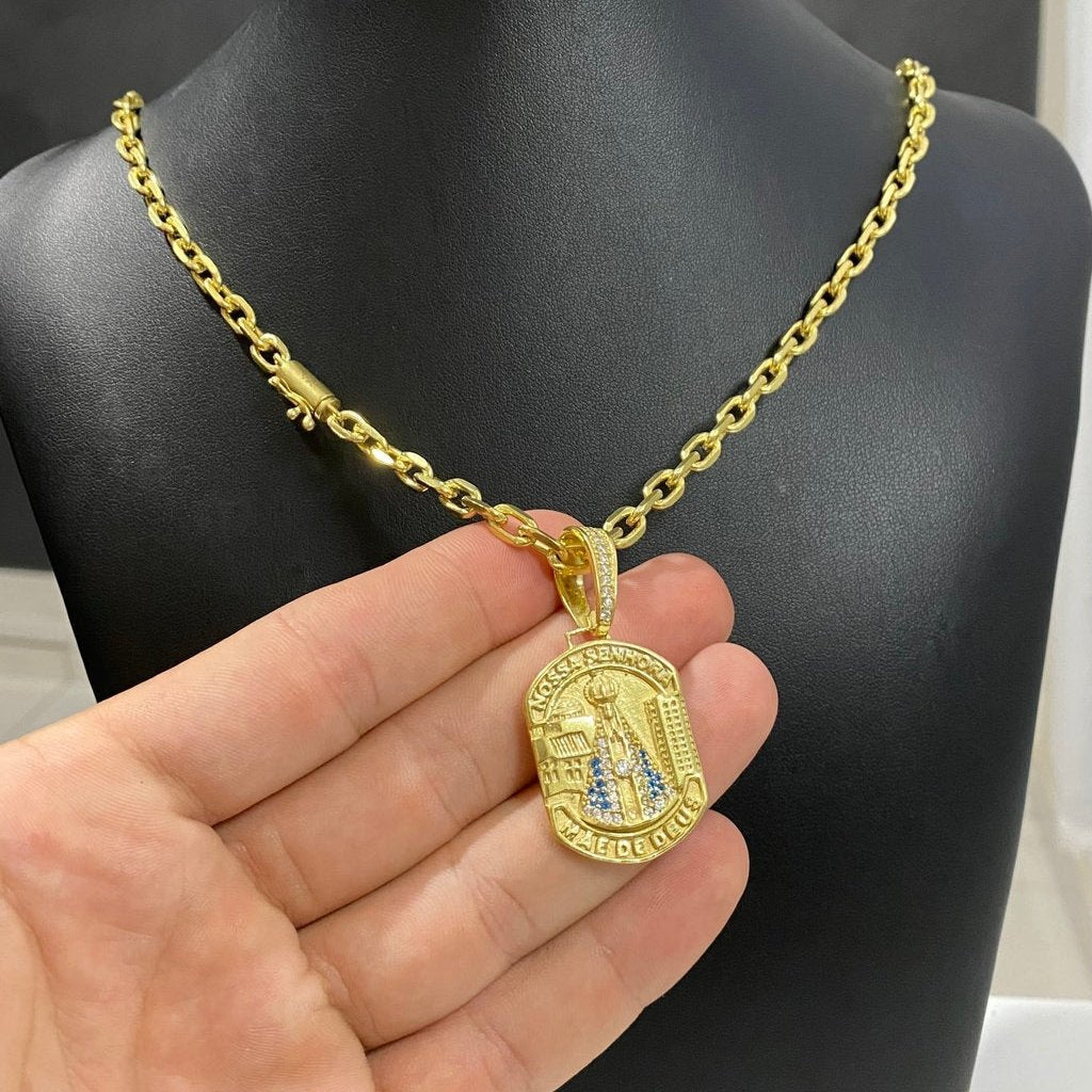 CORRENTE CADEADO DE QUINA 5MM + PINGENTE NOSSA SENHORA MÃE DE DEUS CRAVEJADO