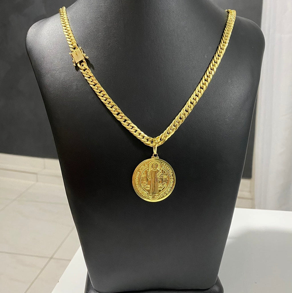 CORRENTE GRUMET LAMINADA 8MM + PINGENTE MEDALHA DE SÃO BENTO FRENTE E VERSO
