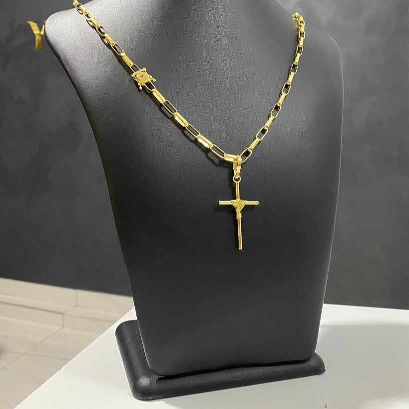 CORRENTE TIJOLINHO 5MM + PINGENTE CRUZ AMARRADA GRANDE