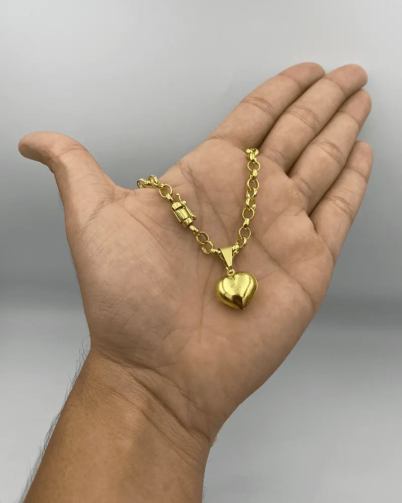 CORRENTE ELO PORTUGUÊS 4MM (45cm) + PINGENTE CORAÇÃO BOLEADO P