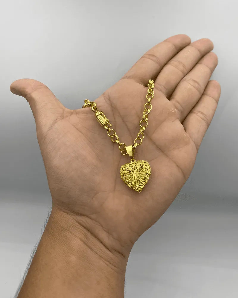 CORRENTE ELO PORTUGUÊS 4MM (45cm) + PINGENTE CORAÇÃO RELICÁRIO P