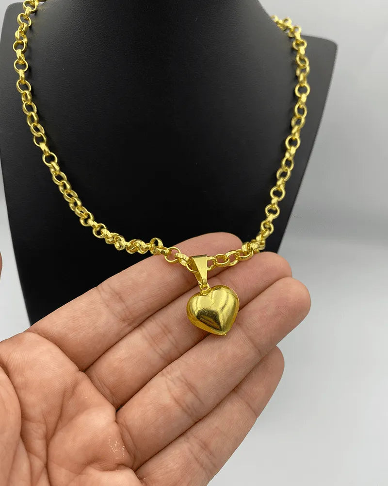 CORRENTE ELO PORTUGUÊS 4MM (45cm) + PINGENTE CORAÇÃO BOLEADO P