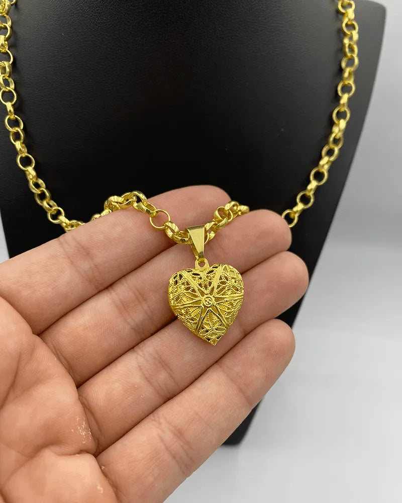 CORRENTE ELO PORTUGUÊS 4MM (45cm) + PINGENTE CORAÇÃO RELICÁRIO P