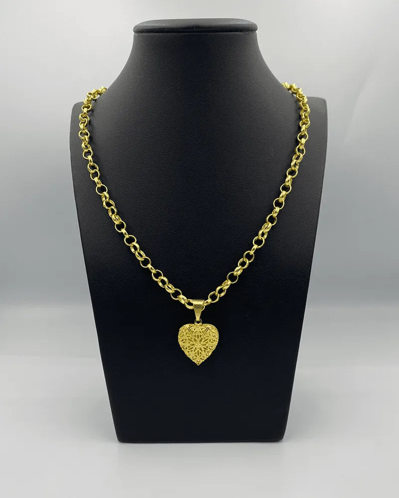 CORRENTE ELO PORTUGUÊS 4MM (45cm) + PINGENTE CORAÇÃO RELICÁRIO P