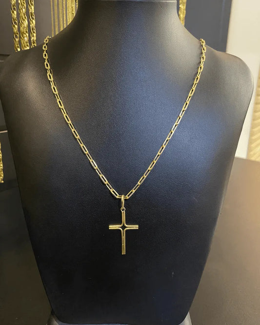 CORRENTE TIJOLINHO DE QUINA 2MM + PINGENTE CRUZ FINA DUPLA