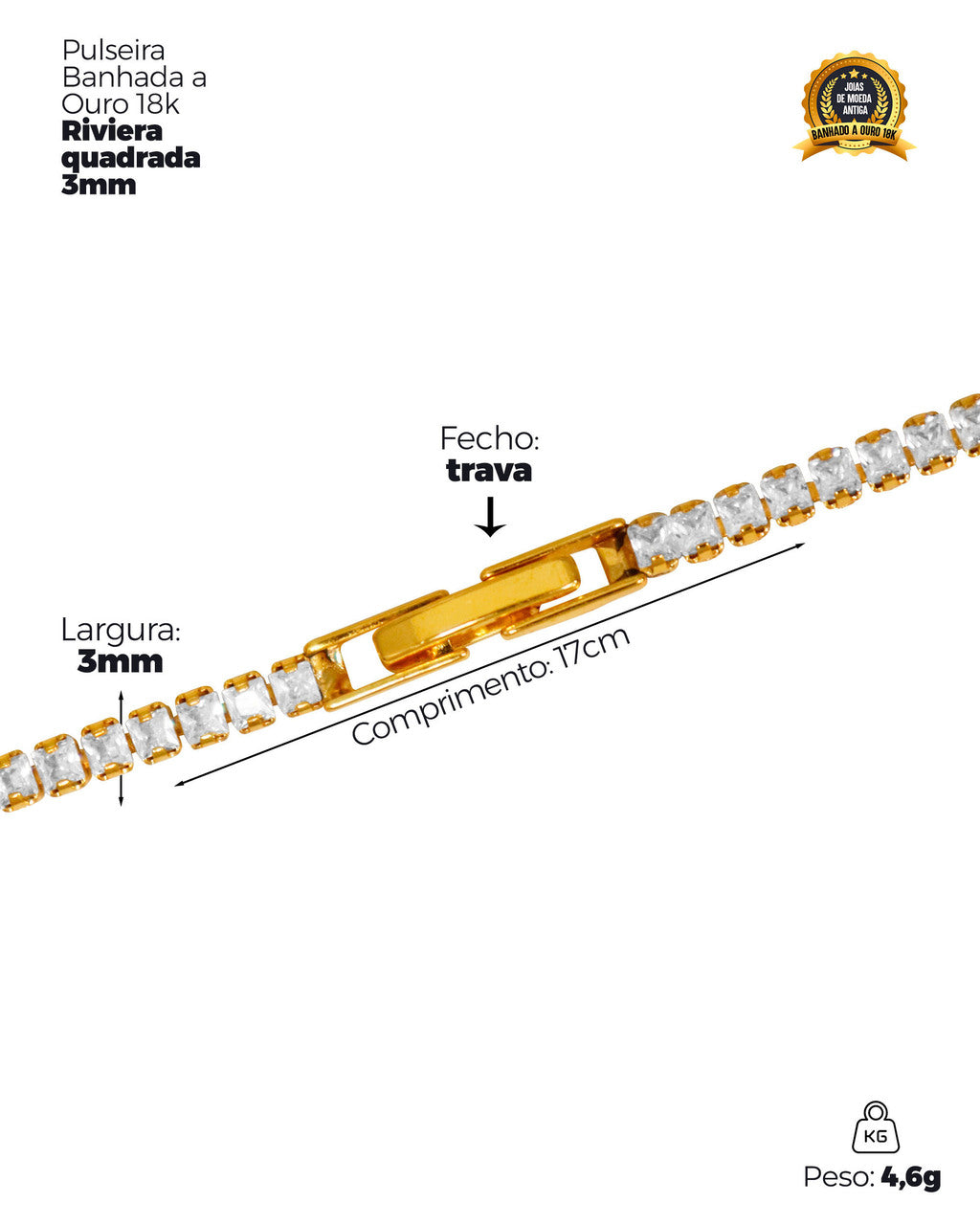 PULSEIRA BANHADA: RIVIERA QUADRADA 3MM
