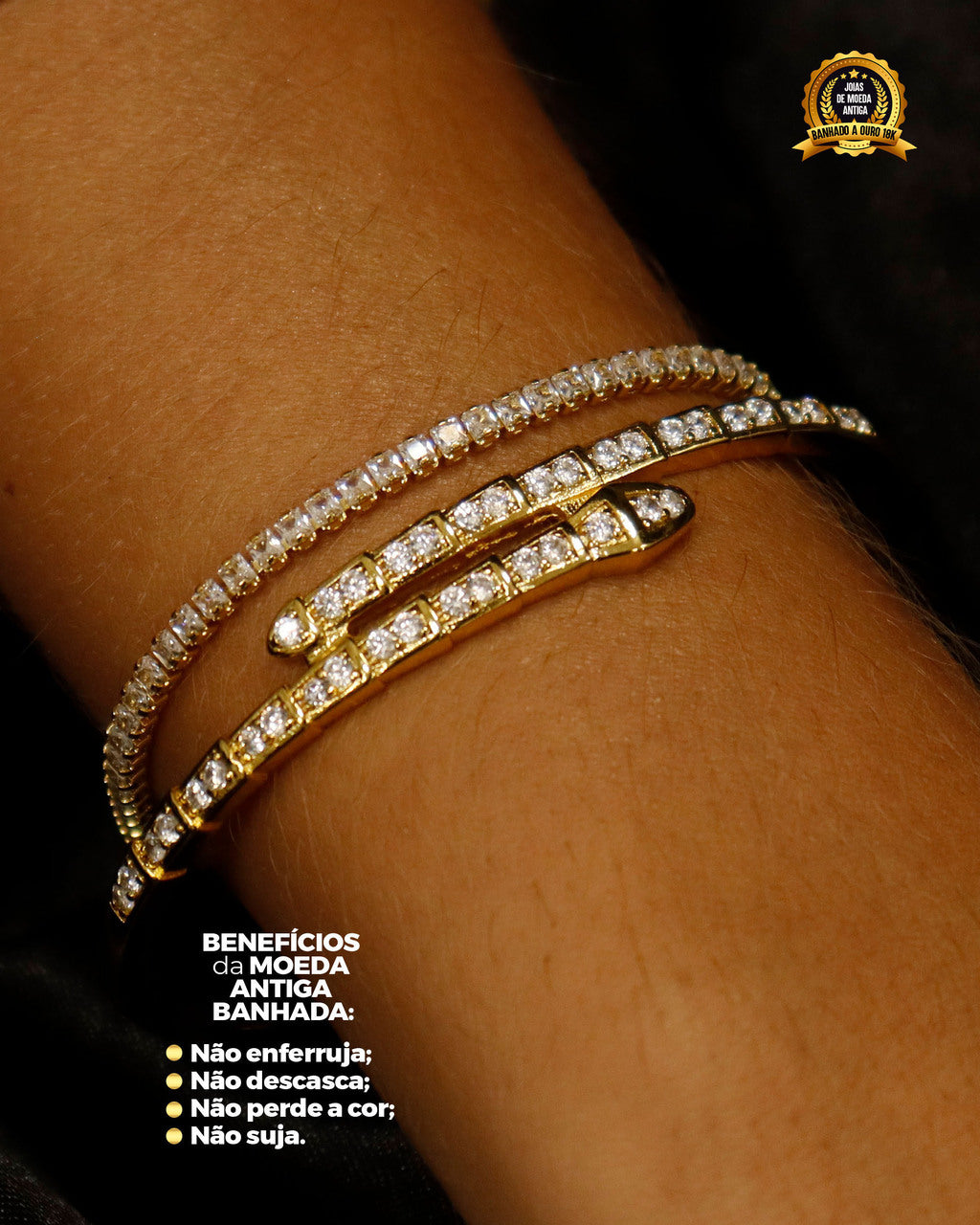 CONJUNTO BANHADO: BRACELETE SERPENTE + PULSEIRA RIVIERA 2MM