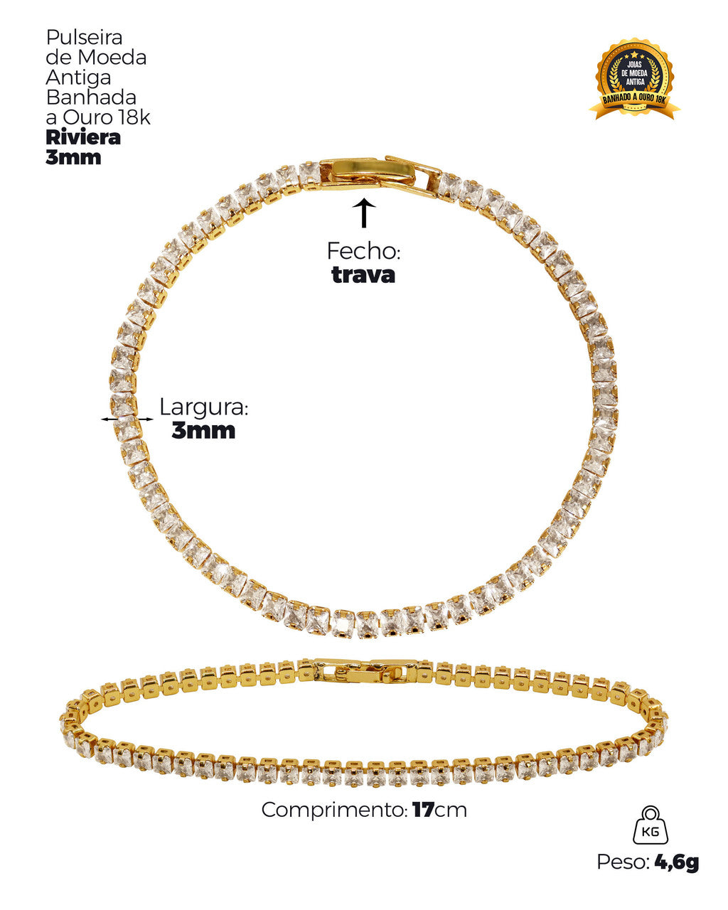 CONJUNTO BANHADO: BRACELETE SERPENTE + PULSEIRA RIVIERA 3MM