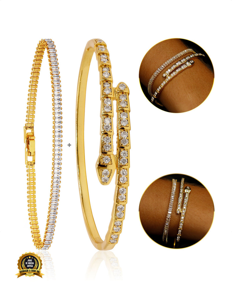 CONJUNTO BANHADO: BRACELETE SERPENTE + PULSEIRA BAGUETE 4MM