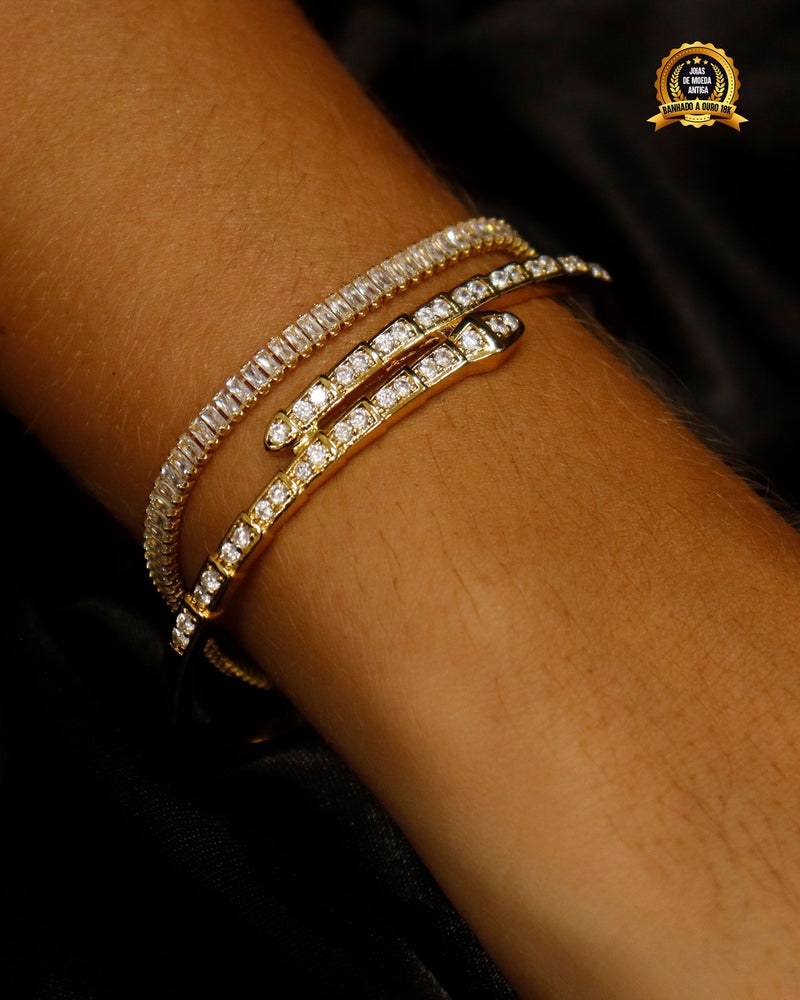 CONJUNTO BANHADO: BRACELETE SERPENTE + PULSEIRA BAGUETE 4MM