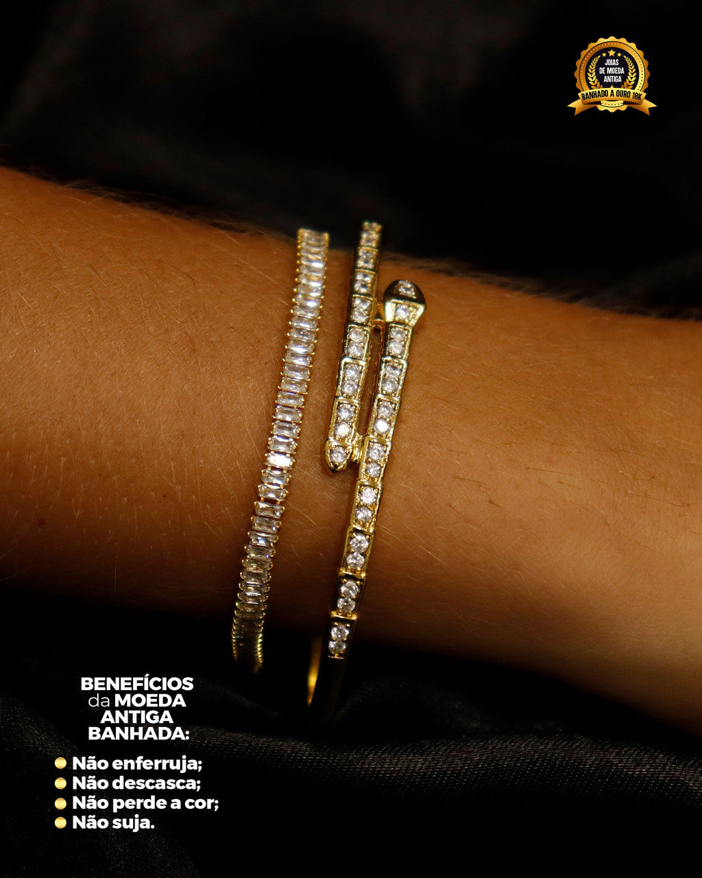CONJUNTO BANHADO: BRACELETE SERPENTE + PULSEIRA BAGUETE 4MM