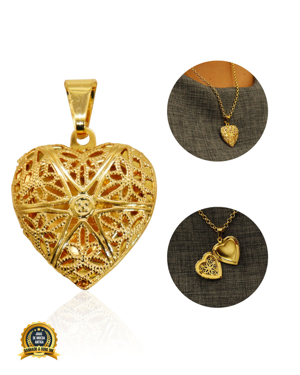 PINGENTE BANHADO: CORAÇAO RELICARIO VAZADO P
