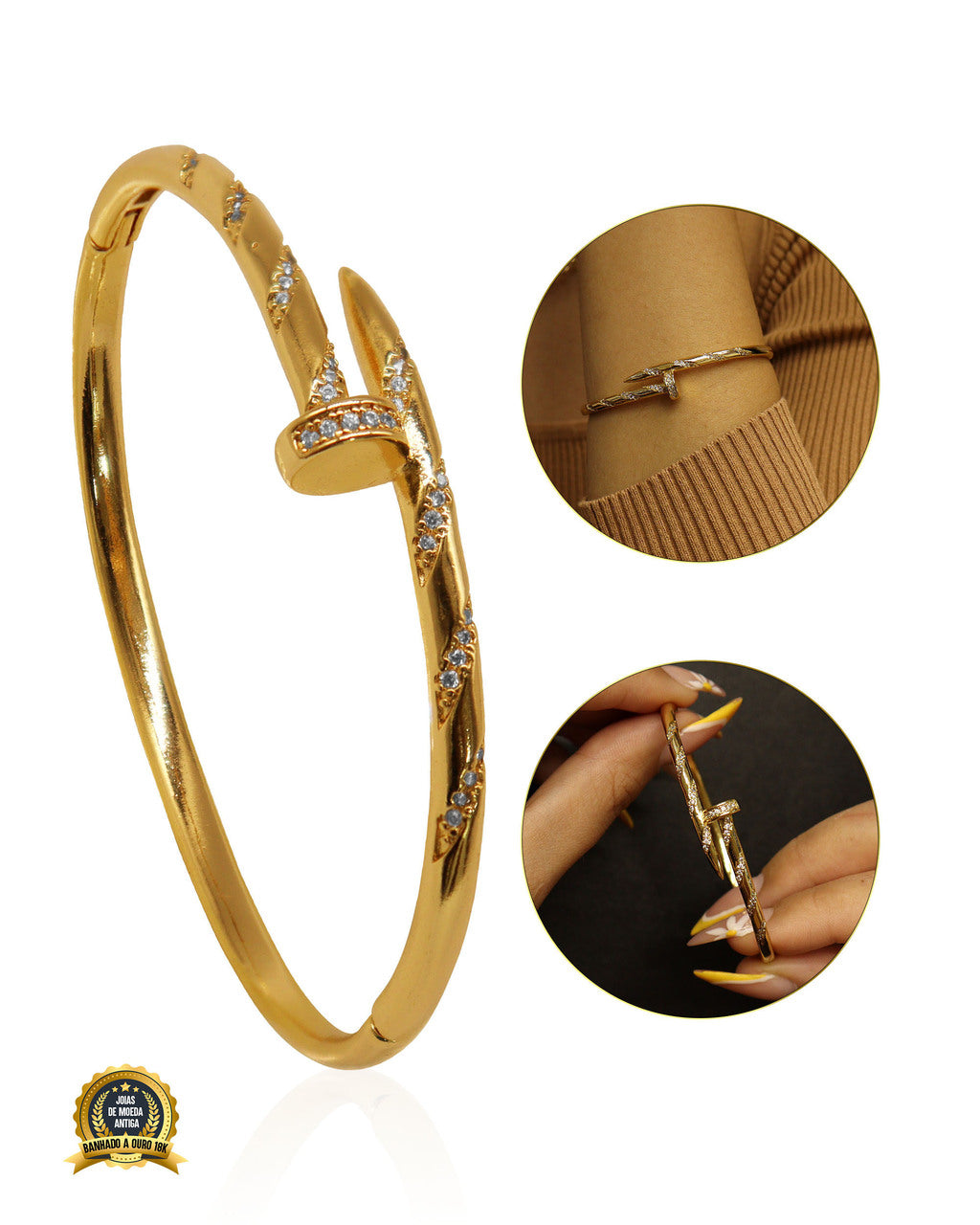 BRACELETE BANHADO: PREGO CRAVEJADO ESPIRAL