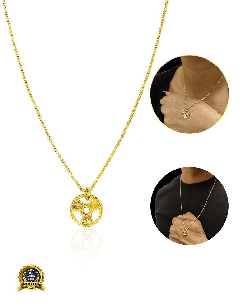 CONJUNTO BANHADO: CORRENTE CUBINHO 1MM + PINGENTE ANILHA