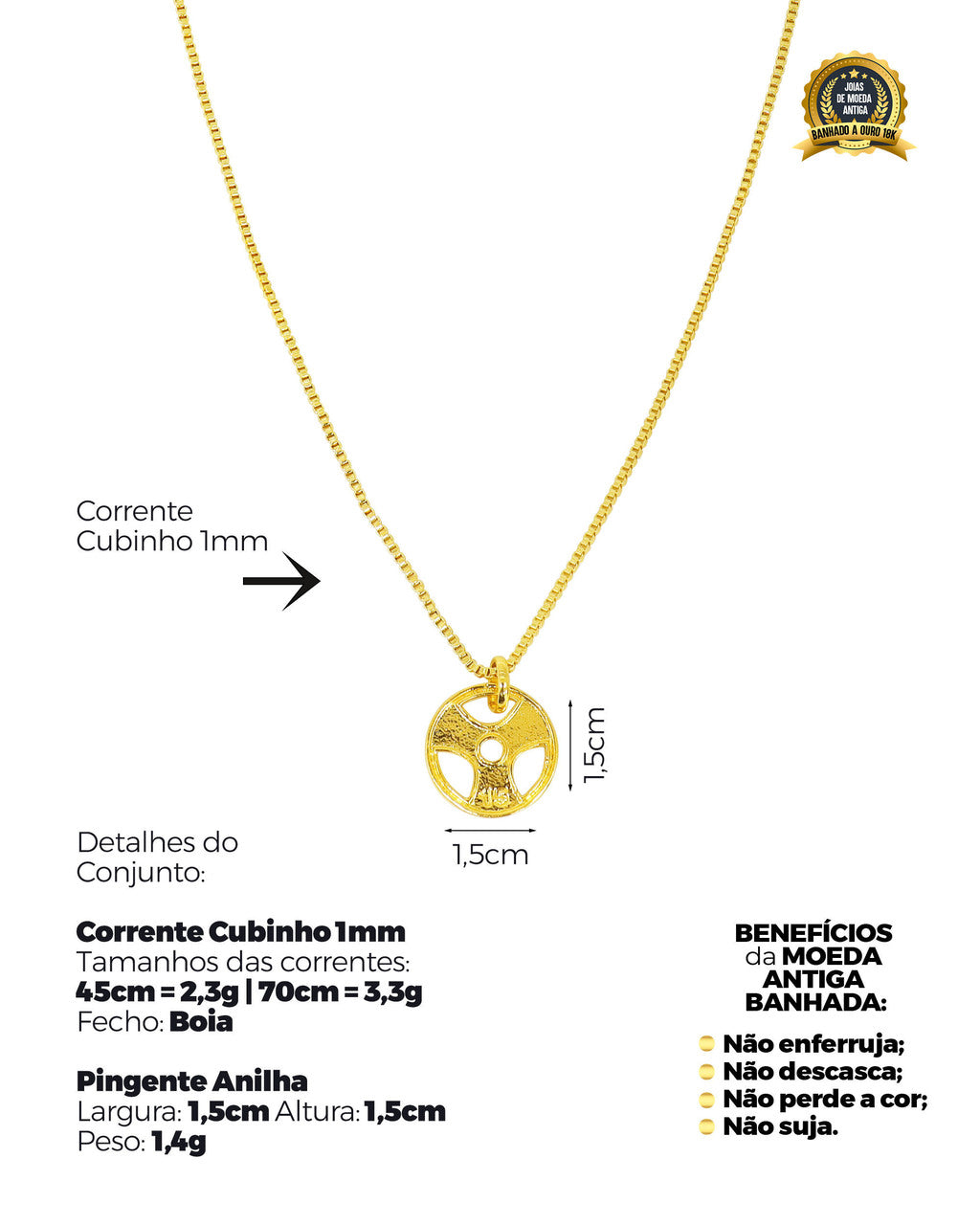 CONJUNTO BANHADO: CORRENTE CUBINHO 1MM + PINGENTE ANILHA