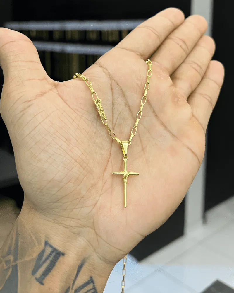 CORRENTE TIJOLINHO 2MM + PINGENTE CRUZ ENROLADA