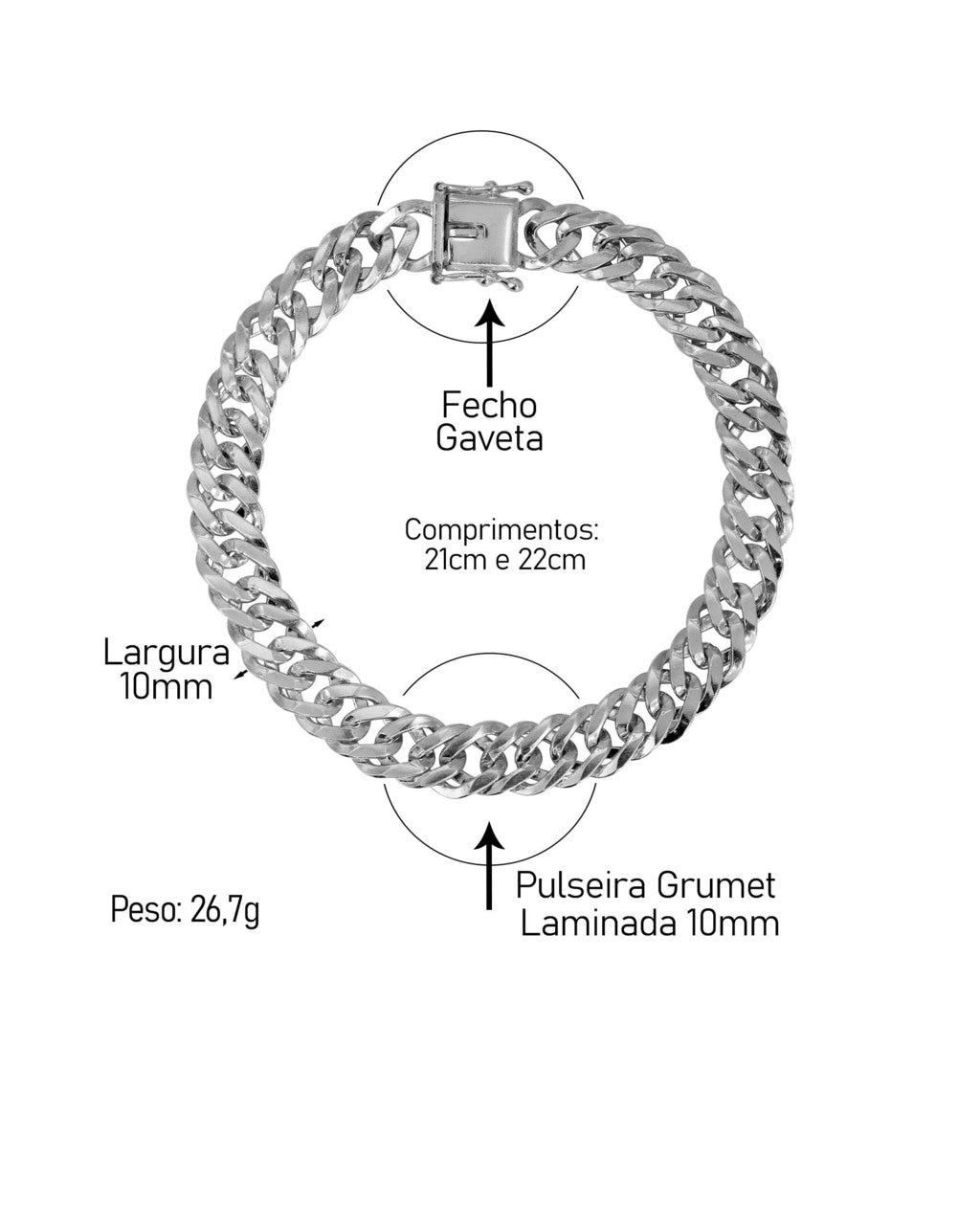 PULSEIRA PRATA 925: GRUMET LAMINADA 10MM