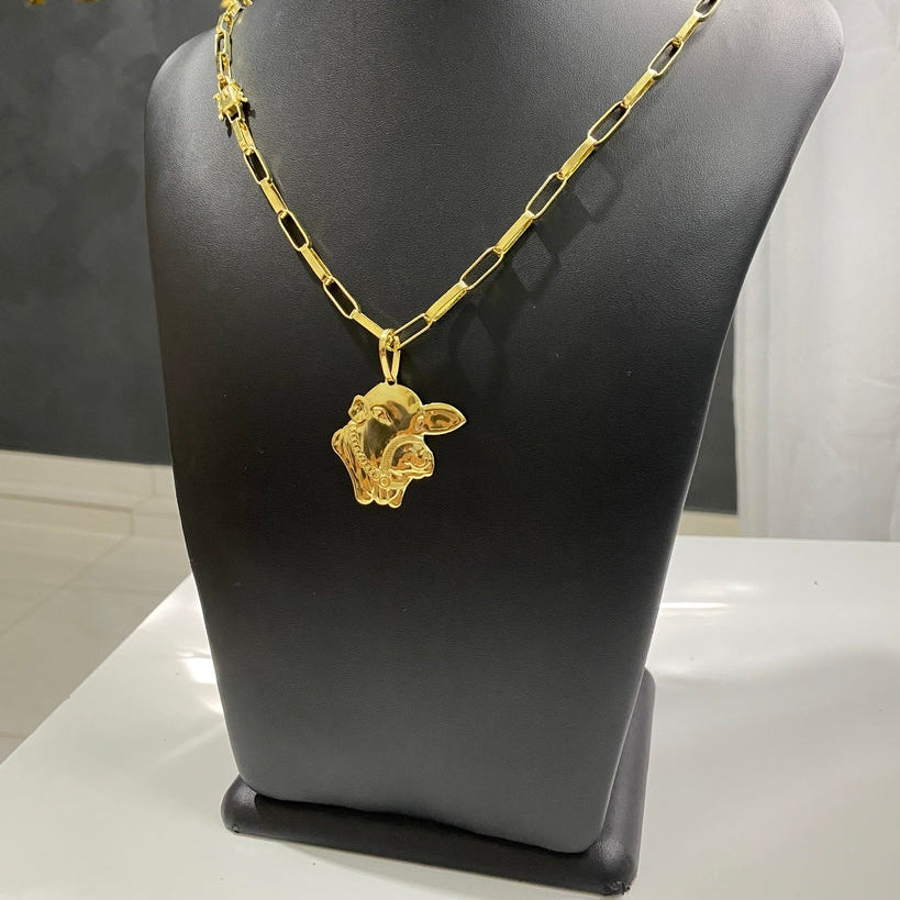 CORRENTE TIJOLINHO LONG 5MM + PINGENTE FACE DO BOI