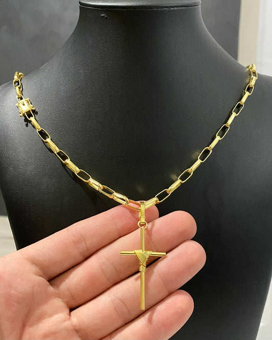 CORRENTE TIJOLINHO 5MM + PINGENTE CRUZ AMARRADA GRANDE