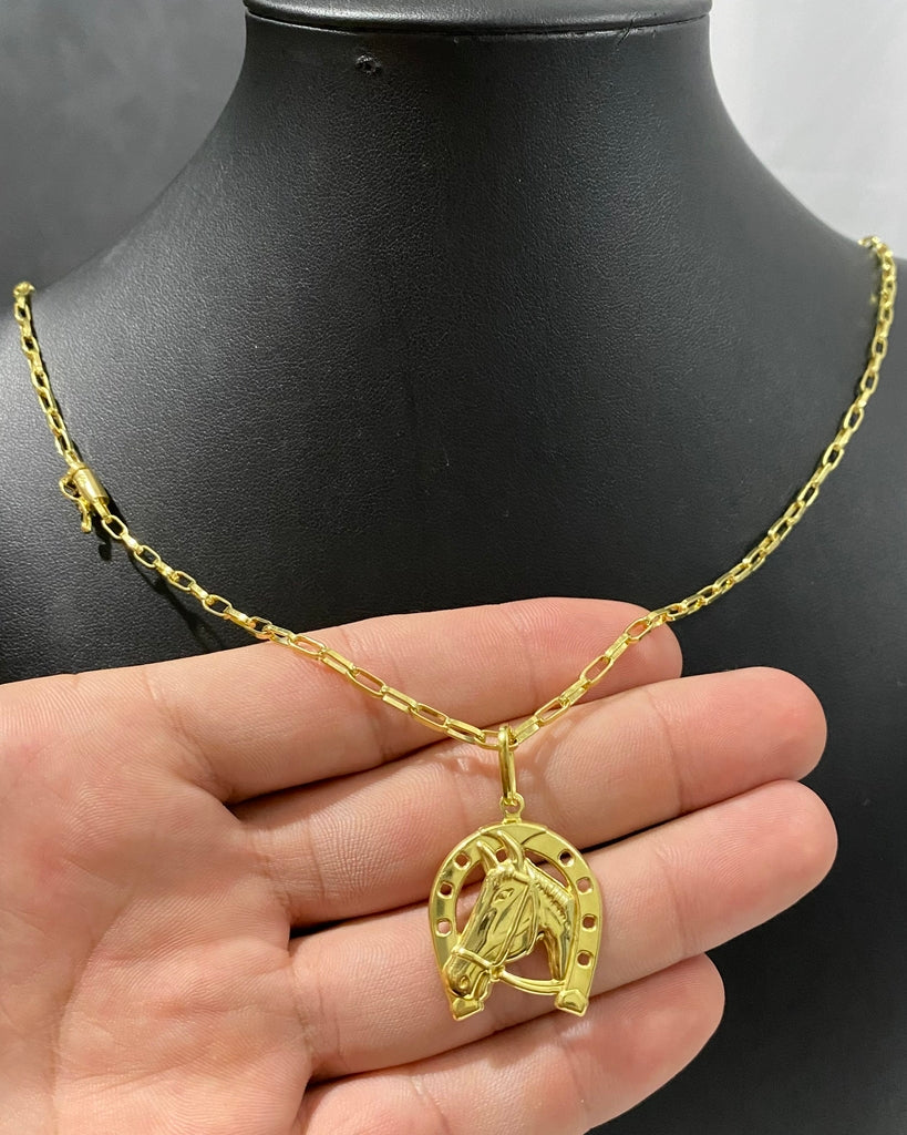 CORRENTE TIJOLINHO 3MM + PINGENTE FERRADURA DO CAVALO MÉDIO