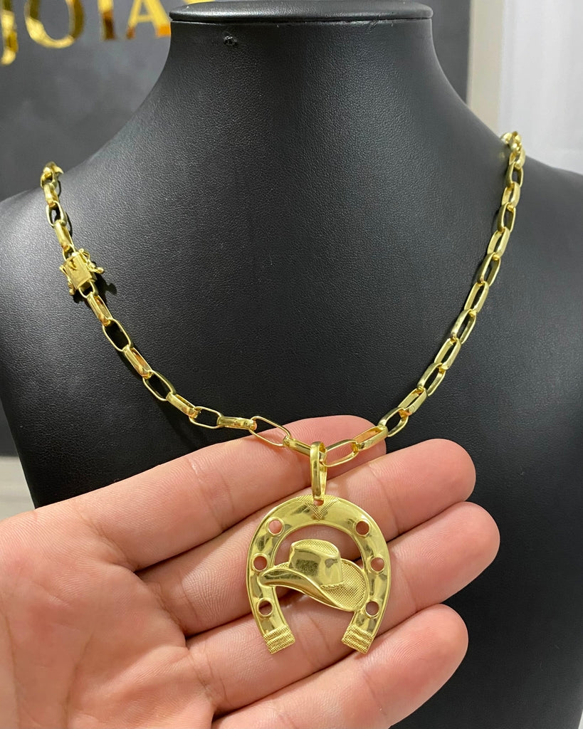 CORRENTE TIJOLINHO 5MM + PINGENTE FERRADURA DO CHAPÉU