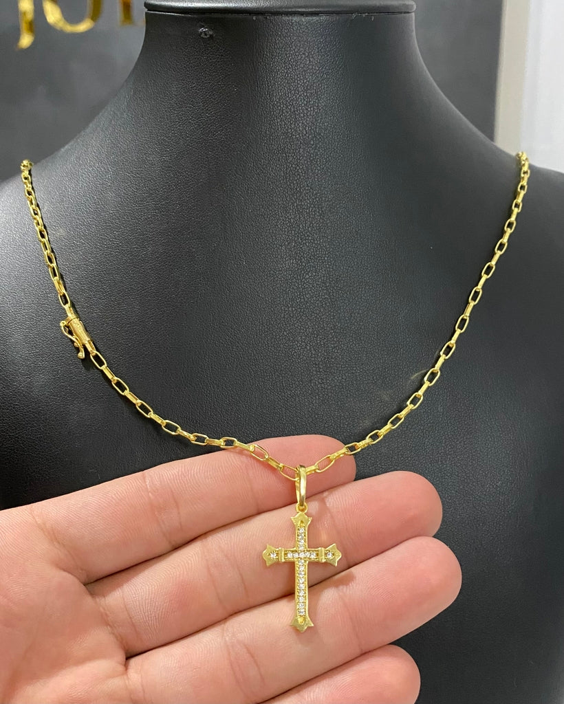 CORRENTE TIJOLINHO 3MM + PINGENTE CRUZ CRAVEJADA MÉDIO