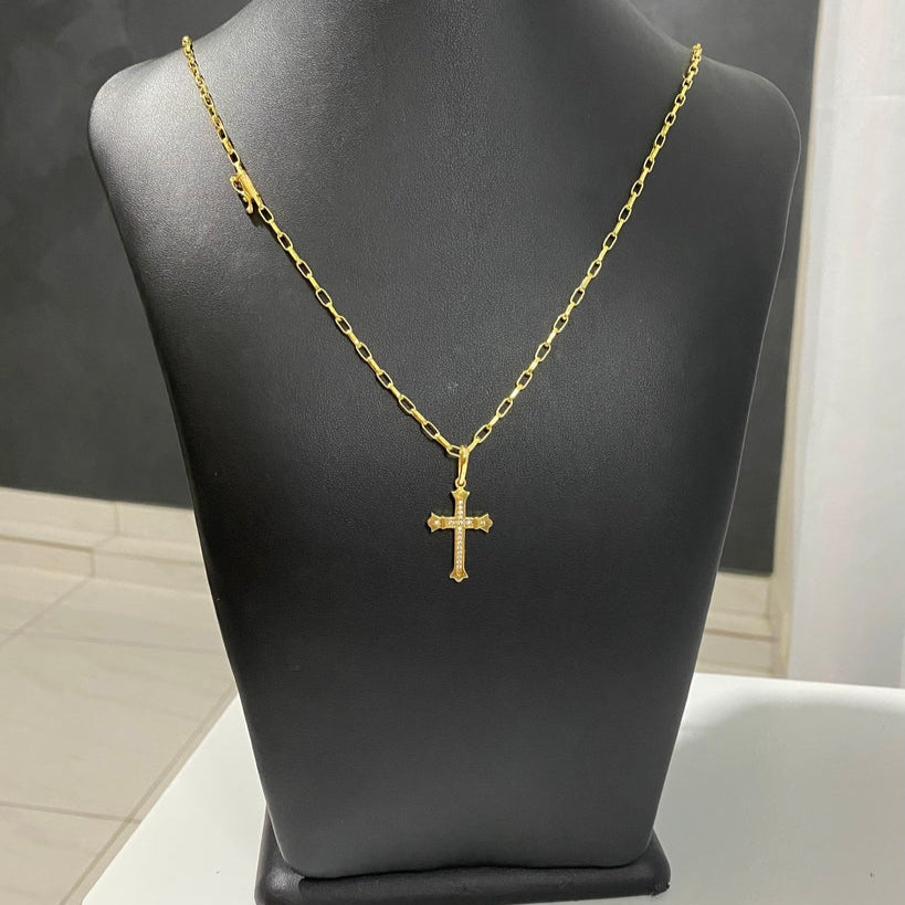 CORRENTE TIJOLINHO 3MM + PINGENTE CRUZ CRAVEJADA MÉDIO