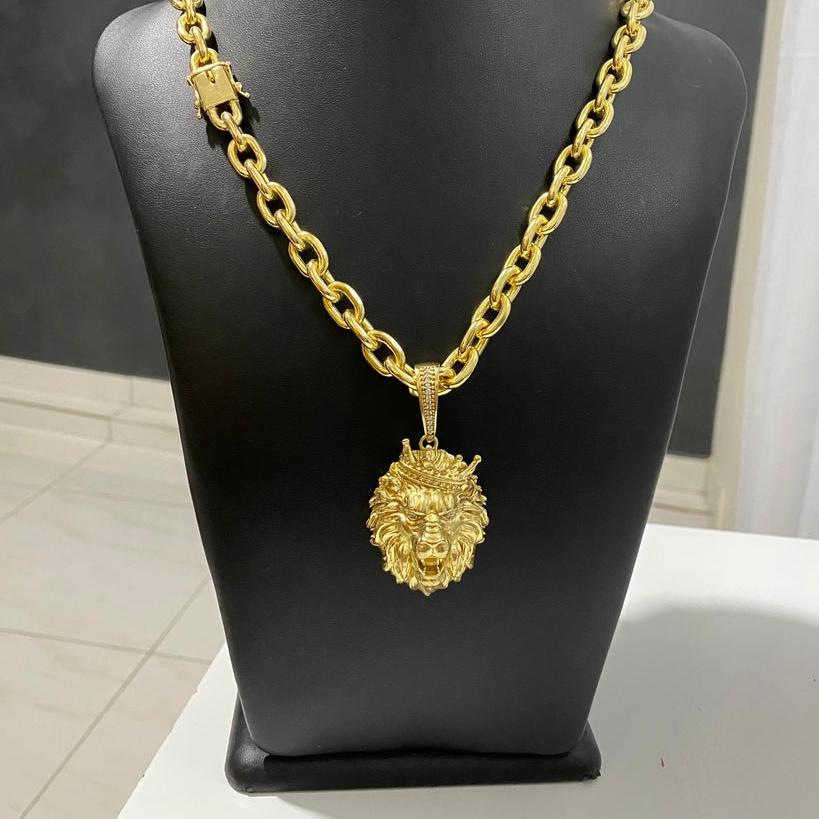CORRENTE CADEADO 12MM + PINGENTE LEÃO CRAVEJADO