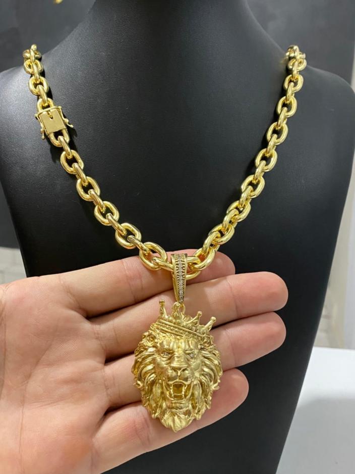 CORRENTE CADEADO 12MM + PINGENTE LEÃO CRAVEJADO