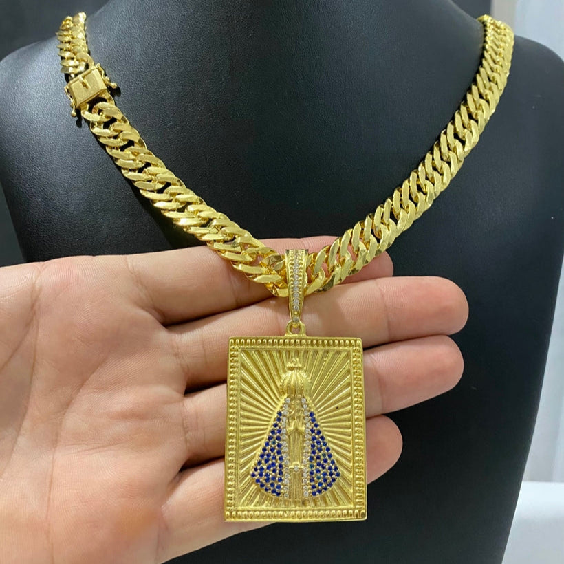 CORRENTE GRUMET LAMINADA 12MM + PINGENTE NOSSA SENHORA APARECIDA CRAVEJADO QUADRADO
