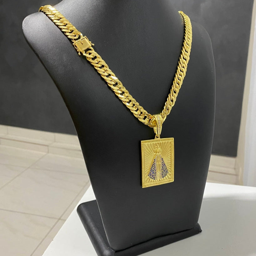CORRENTE GRUMET LAMINADA 12MM + PINGENTE NOSSA SENHORA APARECIDA CRAVEJADO QUADRADO