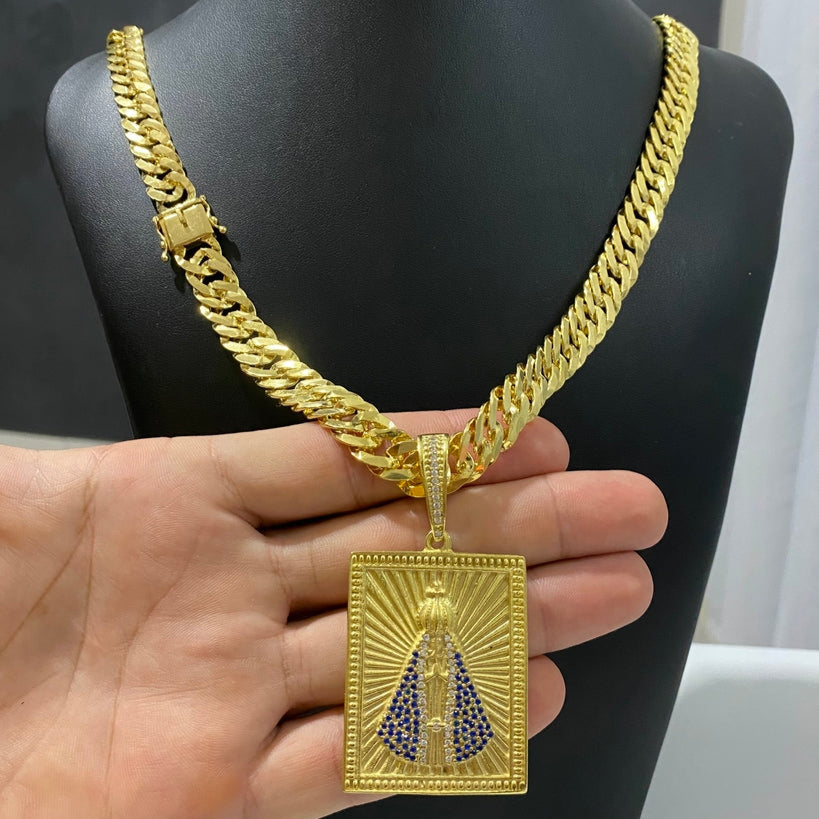 CORRENTE GRUMET LAMINADA 12MM + PINGENTE NOSSA SENHORA APARECIDA CRAVEJADO QUADRADO