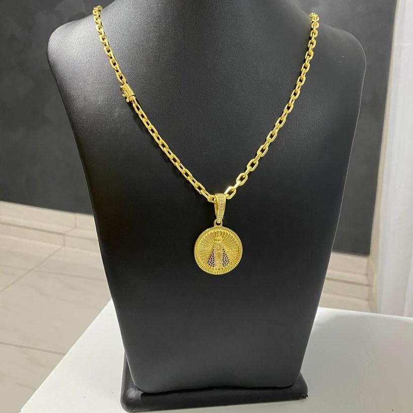 CORRENTE CADEADO DE QUINA 5MM + PINGENTE NOSSA SENHORA APARECIDA CRAVEJADO REDONDO