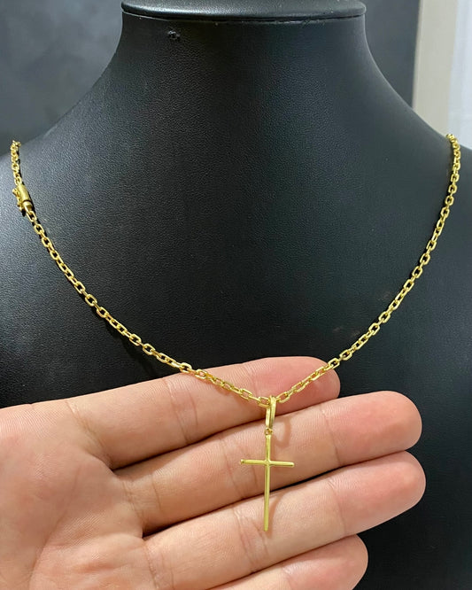 CORRENTE CADEADO DE QUINA 2MM + PINGENTE CRUZ LISA PEQUENA