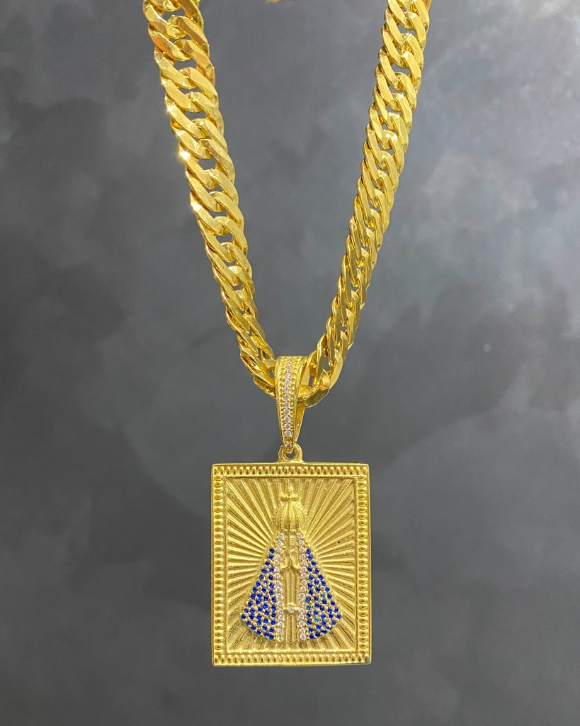 CORRENTE GRUMET LAMINADA 12MM + PINGENTE NOSSA SENHORA APARECIDA CRAVEJADO QUADRADO