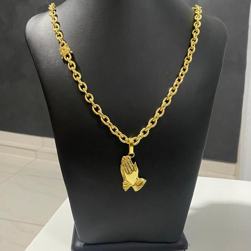 CORRENTE CADEADO 8MM + PINGENTE MÃO ORAÇÃO GRANDE