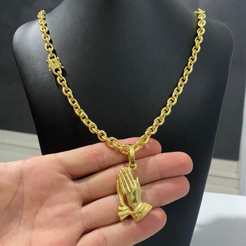 CORRENTE CADEADO 8MM + PINGENTE MÃO ORAÇÃO GRANDE