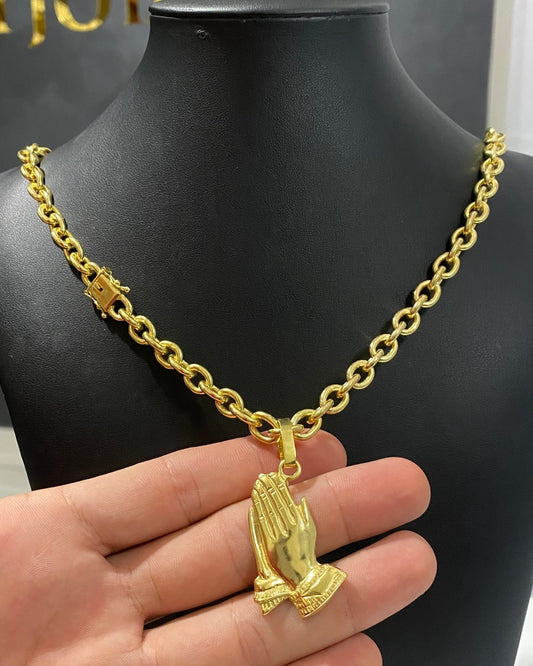 CORRENTE CADEADO 8MM + PINGENTE MÃO ORAÇÃO GRANDE