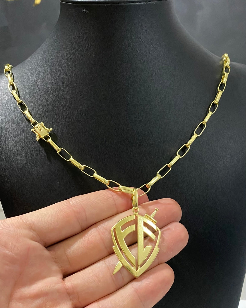 CORRENTE TIJOLINHO 5MM + PINGENTE ESCUDO DA FÉ VAZADO