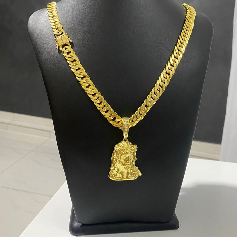 CORRENTE GRUMET LAMINADA 12MM + PINGENTE ROSTO DE CRISTO CRAVEJADO GRANDE