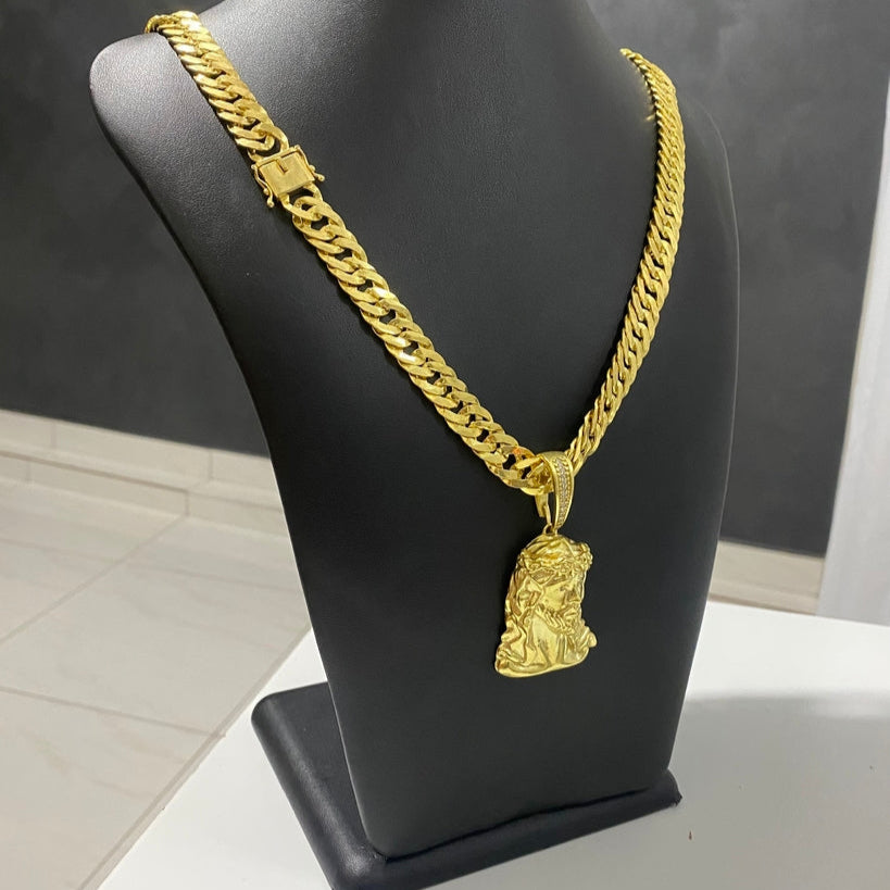 CORRENTE GRUMET LAMINADA 12MM + PINGENTE ROSTO DE CRISTO CRAVEJADO GRANDE