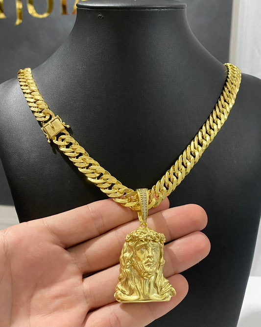 CORRENTE GRUMET LAMINADA 12MM + PINGENTE ROSTO DE CRISTO CRAVEJADO GRANDE