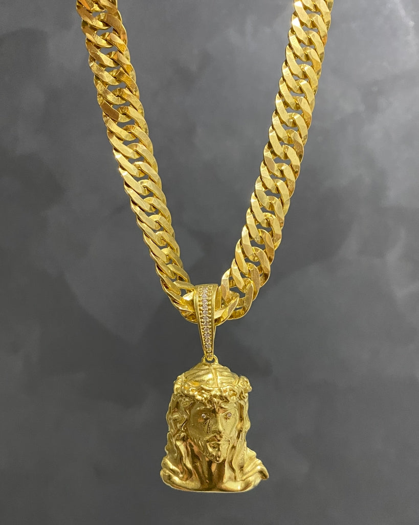 CORRENTE GRUMET LAMINADA 12MM + PINGENTE ROSTO DE CRISTO CRAVEJADO GRANDE