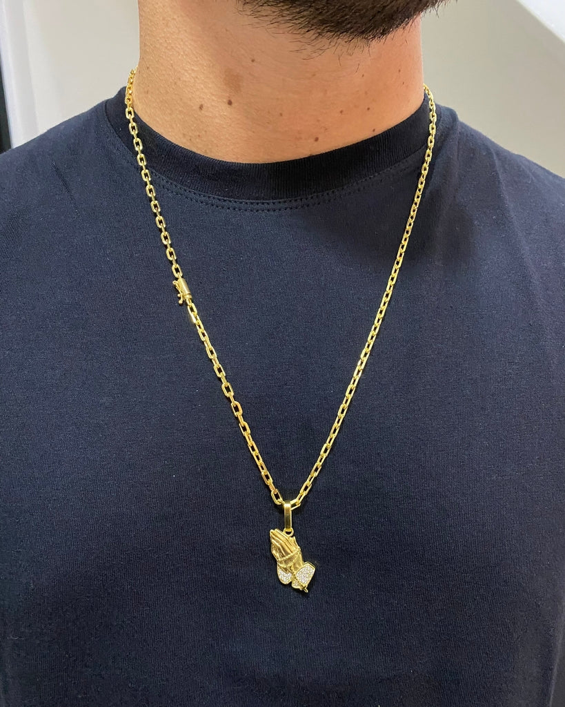 CORRENTE CADEADO DE QUINA 4MM + PINGENTE MÃO ORAÇÃO CRAVEJADO