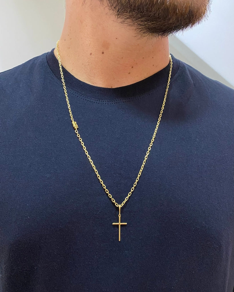 CORRENTE CADEADO DE QUINA 2MM + PINGENTE CRUZ LISA PEQUENA